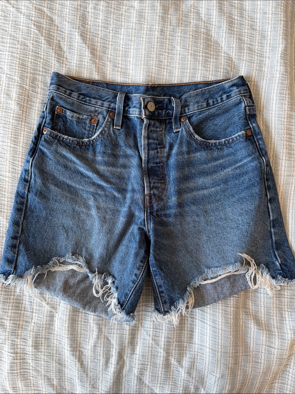 Levi's 501 Original Fit High Rise Blue Frayed Hem Denim Shorts